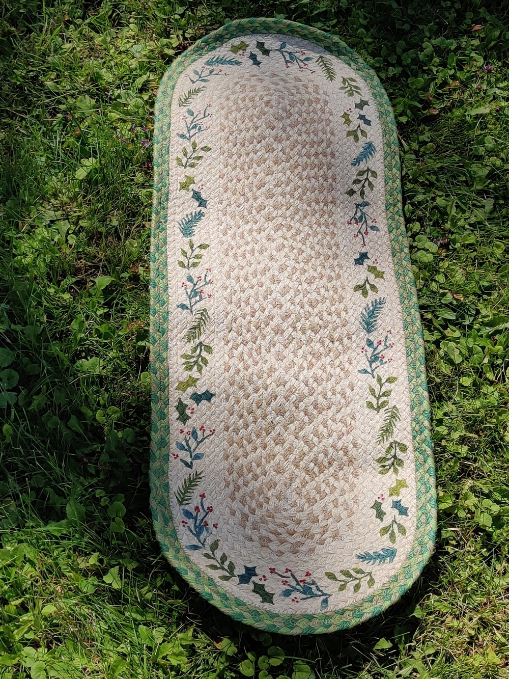 Natural Braided Oval Bath Rug with Green Botanical Border